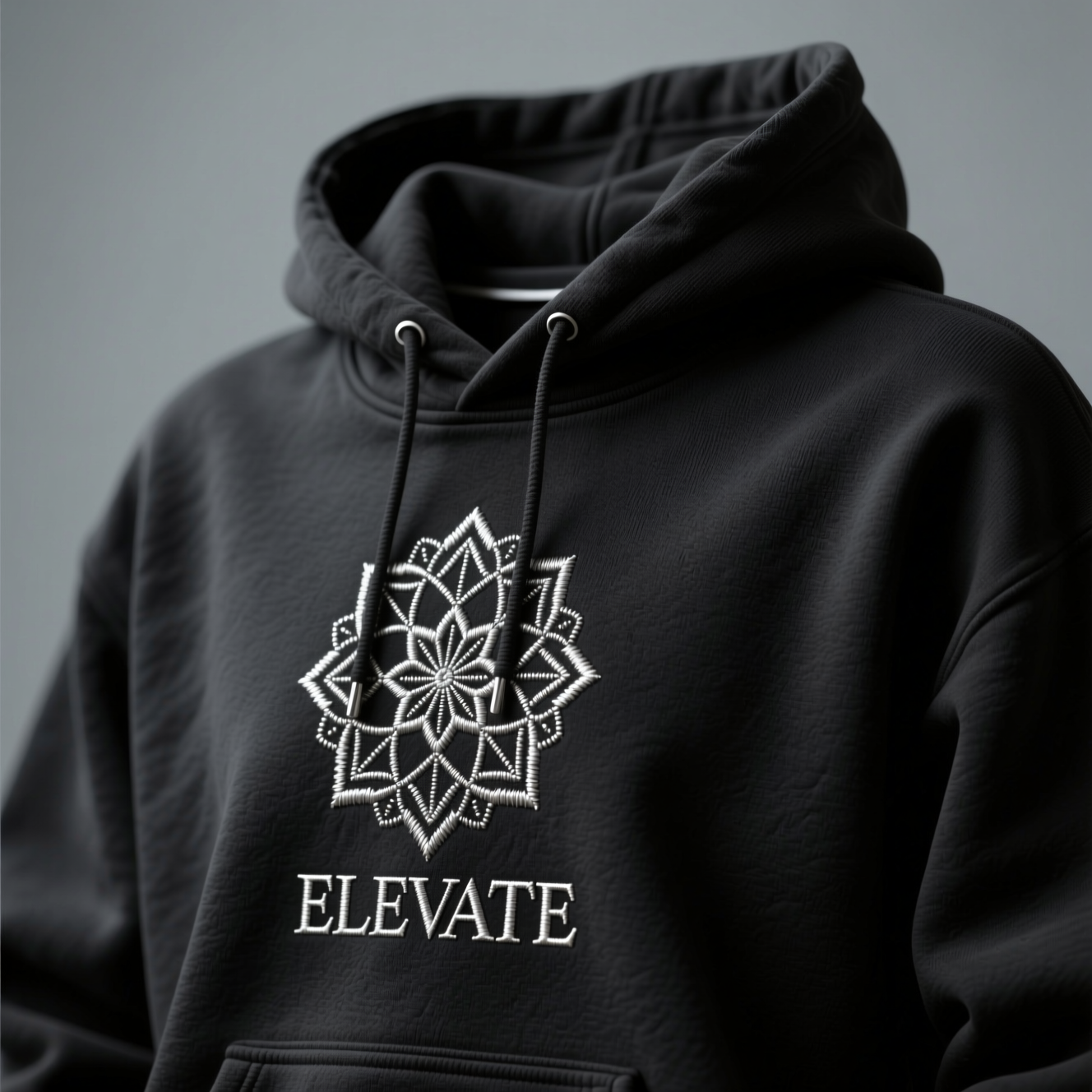 Custom embroidered logo on black hoodie